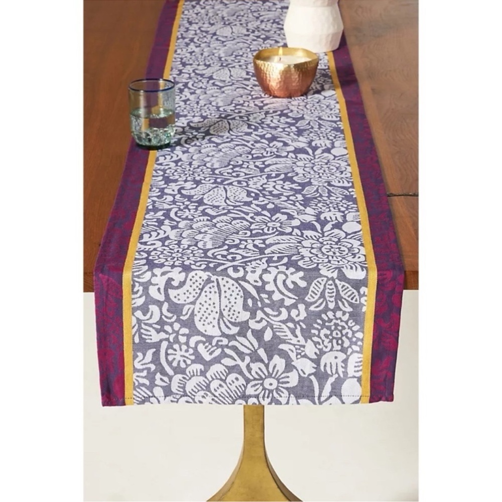 Anthropologie Floral Jacquard Table Runner Purple Red Boho Dining Decor NWT
